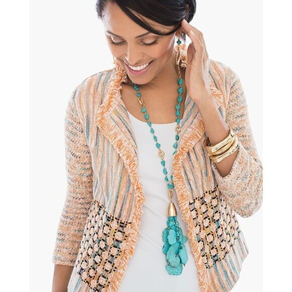 Chico's Size 1 Medium Textured Bonnie Fringe Cardigan Sweater Jacket Tweed Drape - Picture 1 of 9